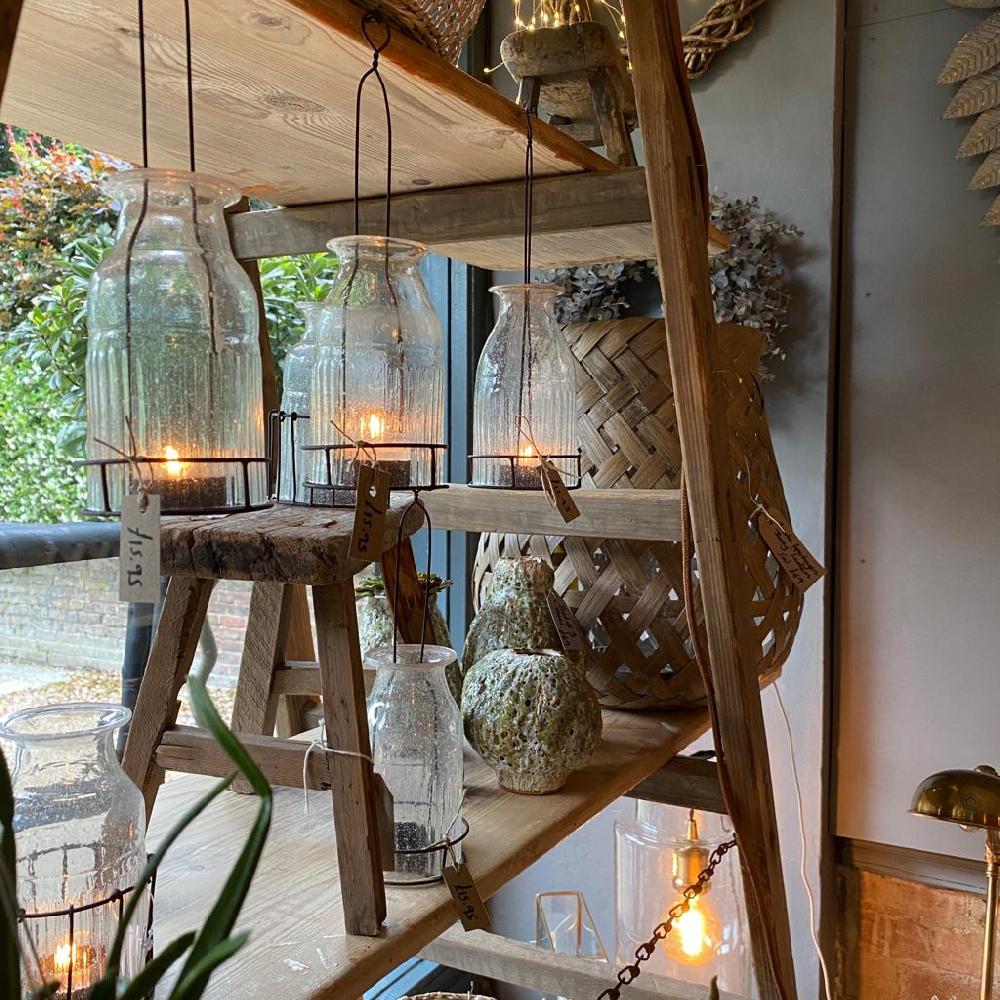 Greige Hanging Recycled Glass Bottle Tealight Lantern