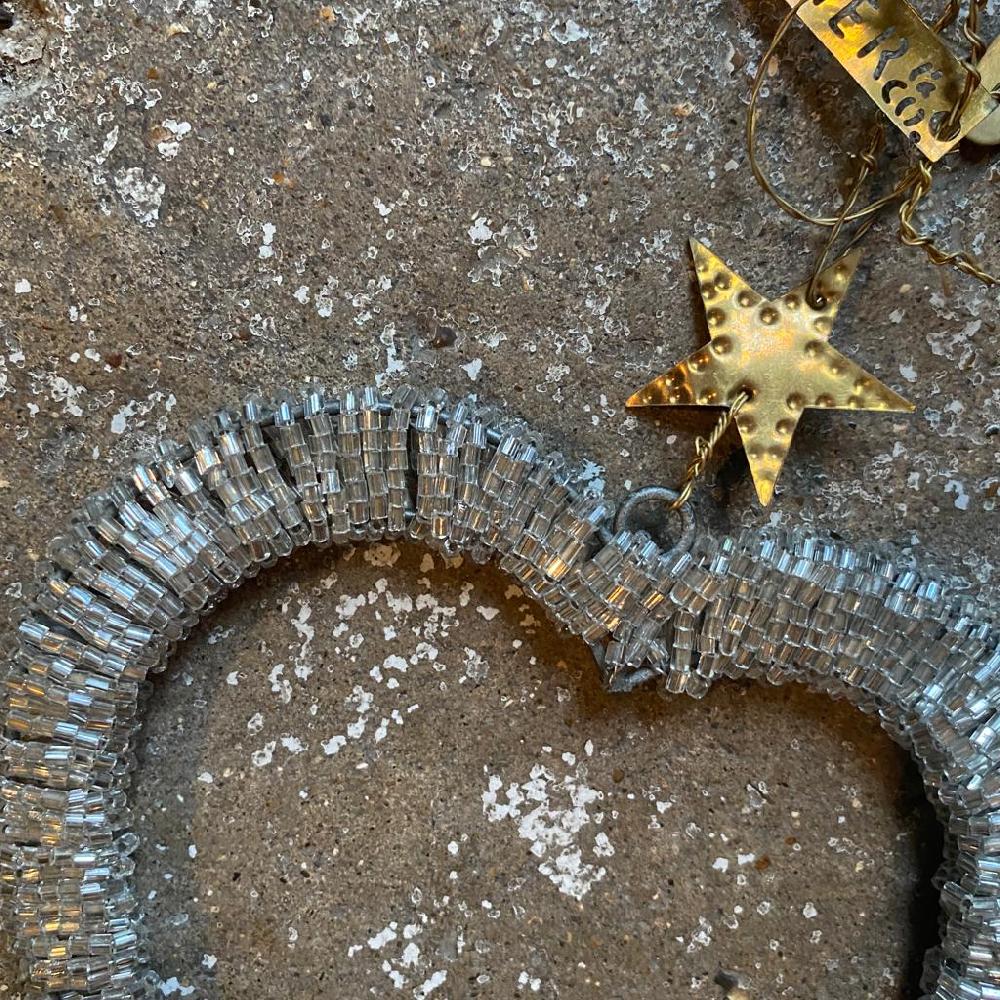 Greige Hanging Silver Beaded Heart Decoration - Walther & Co Denmark