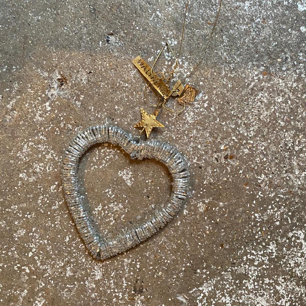 Greige Hanging Silver Beaded Heart Decoration - Walther & Co Denmark