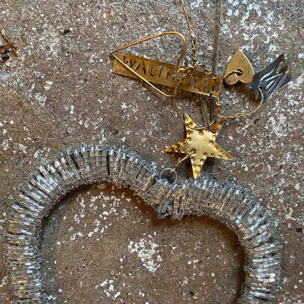 Greige Hanging Silver Beaded Heart Decoration - Walther & Co Denmark