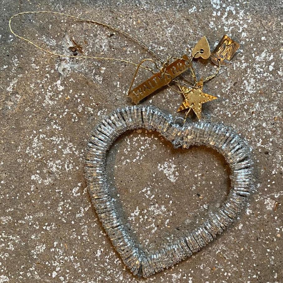 greige Hanging Silver Beaded Heart Decoration - Walther & Co Denmark