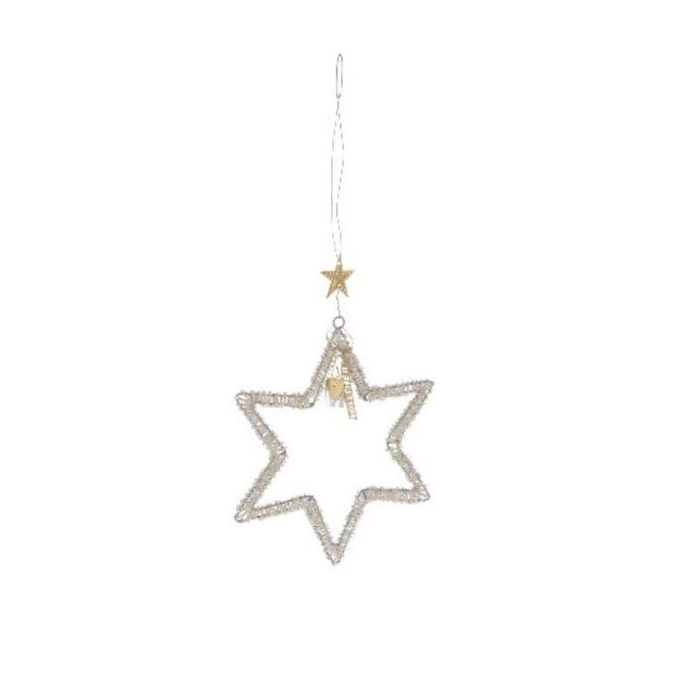 Greige Hanging Silver Beaded Star Decoration - Walther & Co
