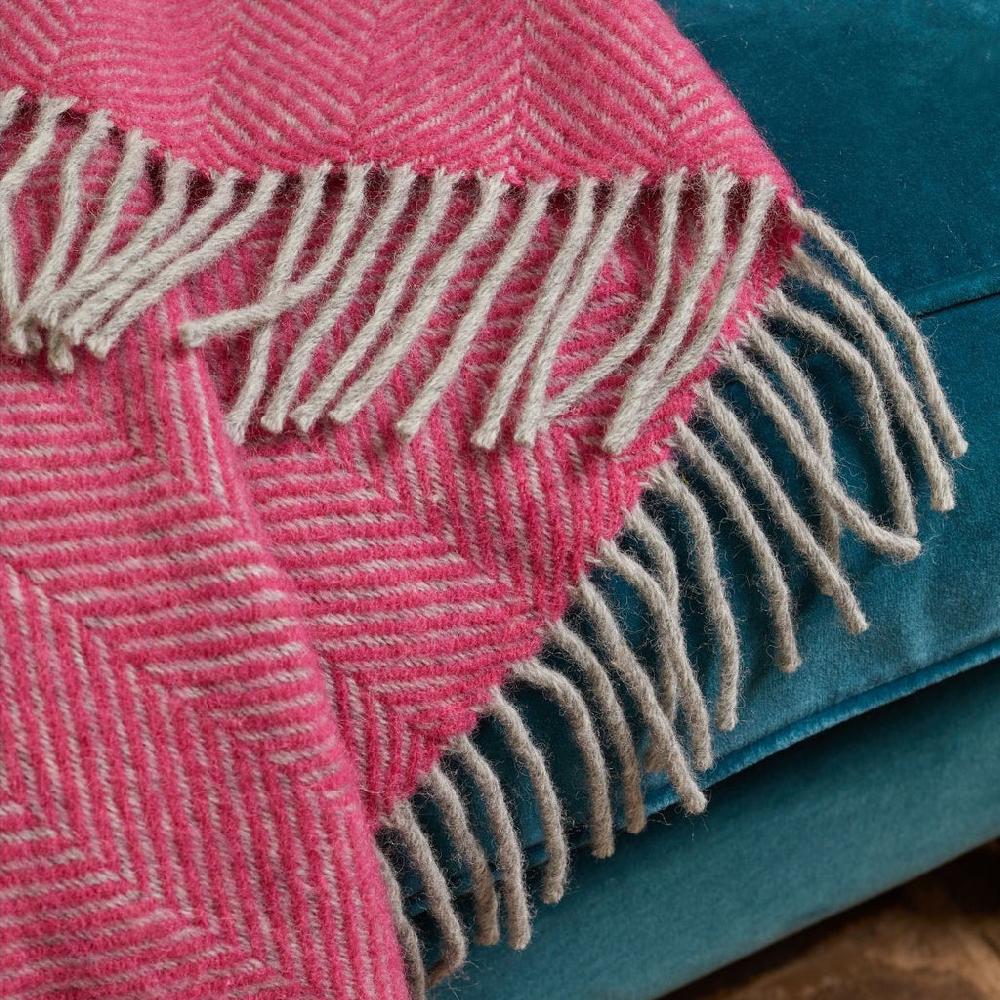 Greige Herringbone Pure New Wool Throw - Pink And Silver Grey