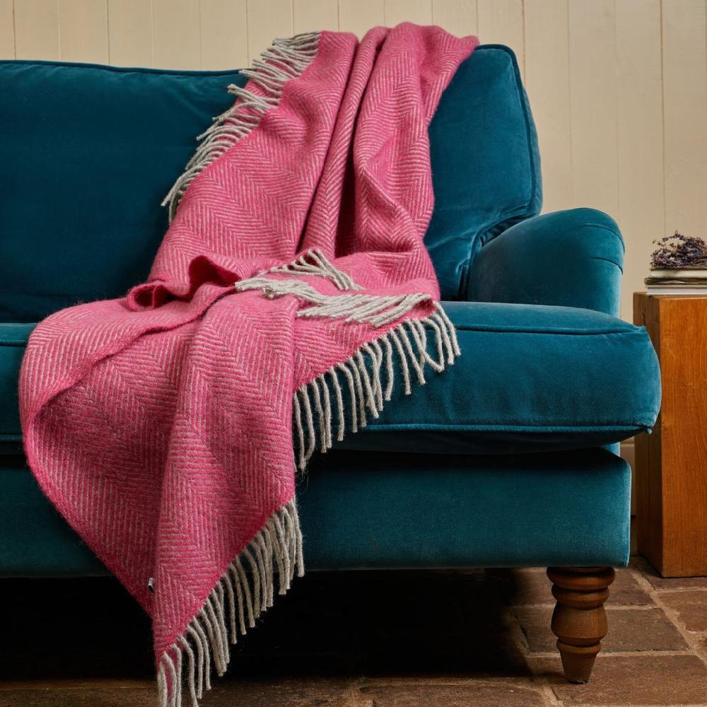 greige Herringbone Pure New Wool Throw - Pink and Silver Grey