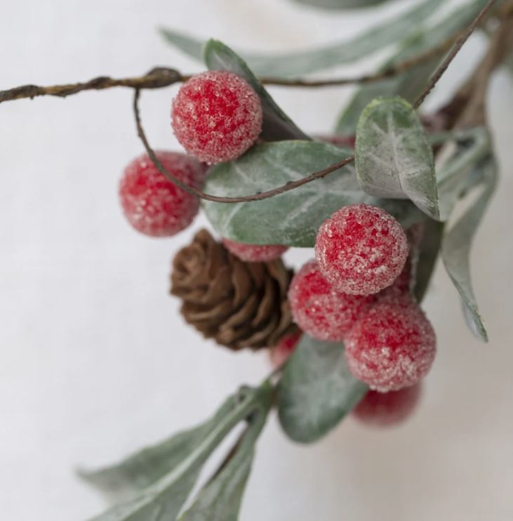 Greige Iced Red Berry Spray With Frosted Leaves 78cm