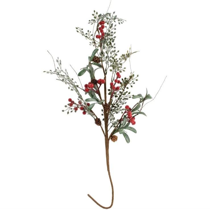 Greige Iced Red Berry Spray With Frosted Leaves 78cm