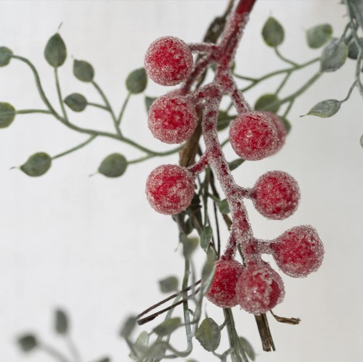 Greige Iced Red Berry Spray With Frosted Leaves 78cm