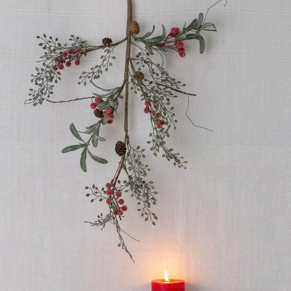 greige Iced Red Berry Spray with Frosted Leaves 78cm