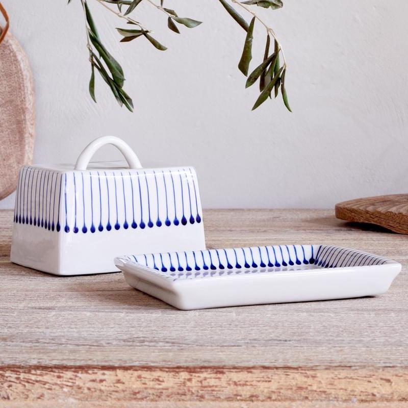Greige Indigo Matchstick Design Ceramic Butter Dish