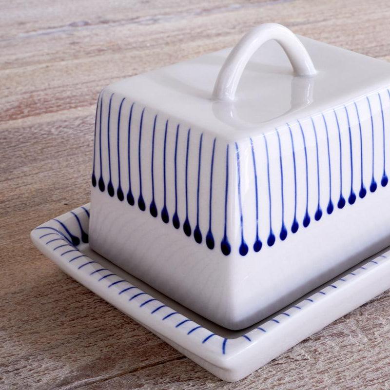 Greige Indigo Matchstick Design Ceramic Butter Dish