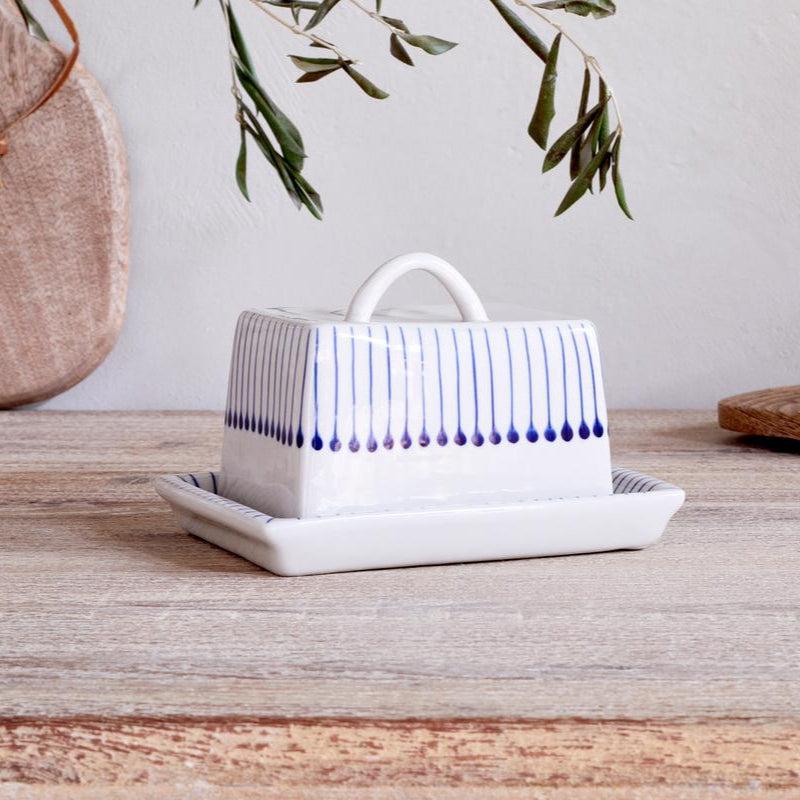greige Indigo Matchstick Design Ceramic Butter Dish