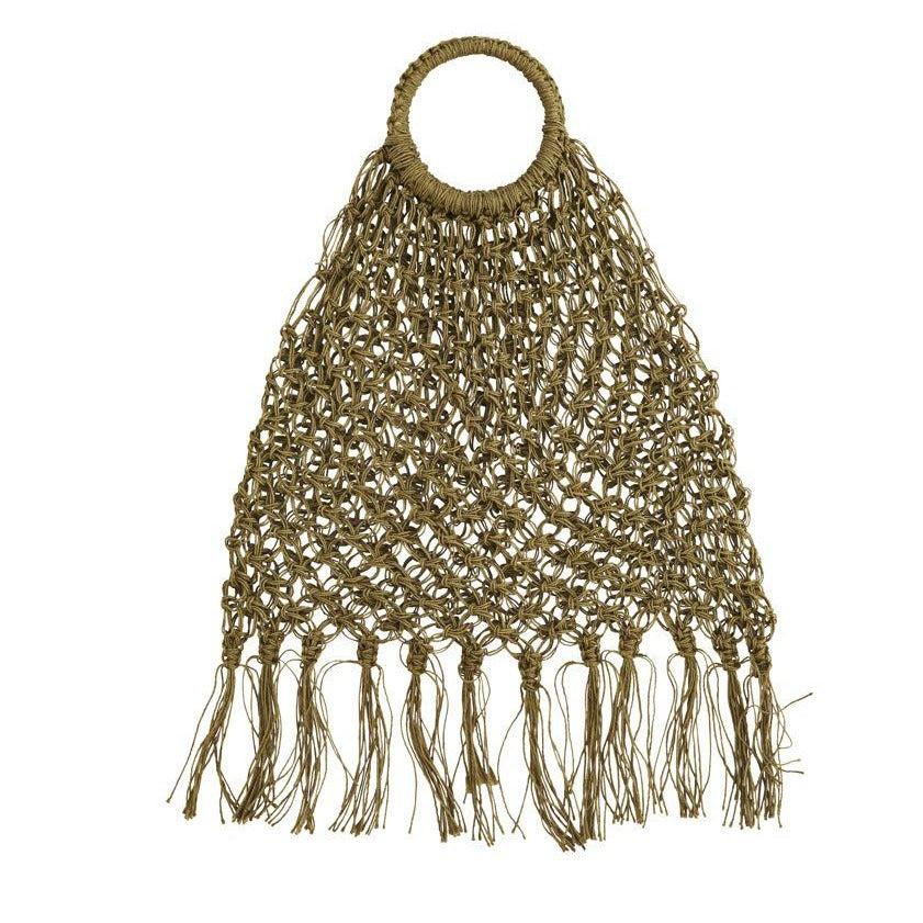 Greige Jute Macrame Bag With Fringe - Natural Or Green