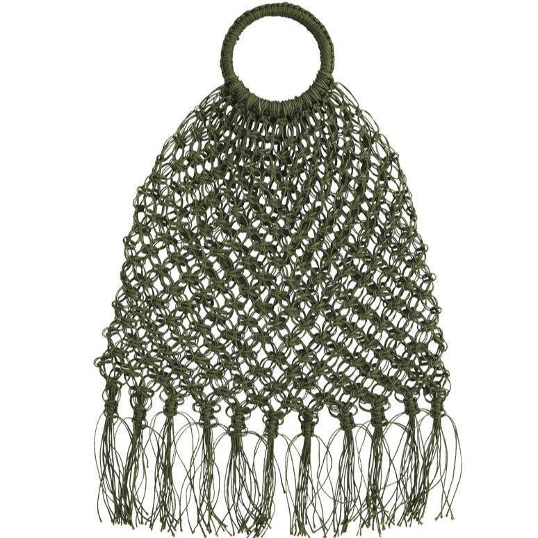 Greige Jute Macrame Bag With Fringe - Natural Or Green