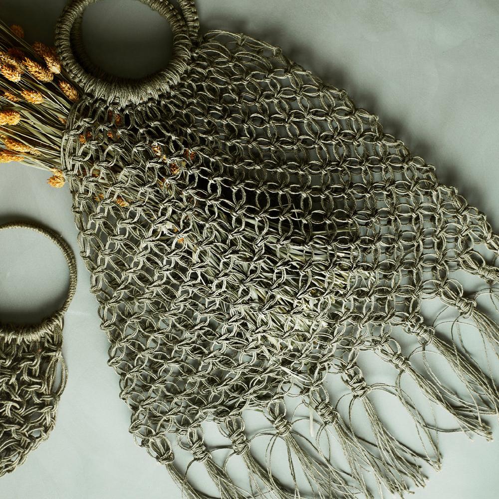 greige Jute Macrame Bag with Fringe - Natural or Green