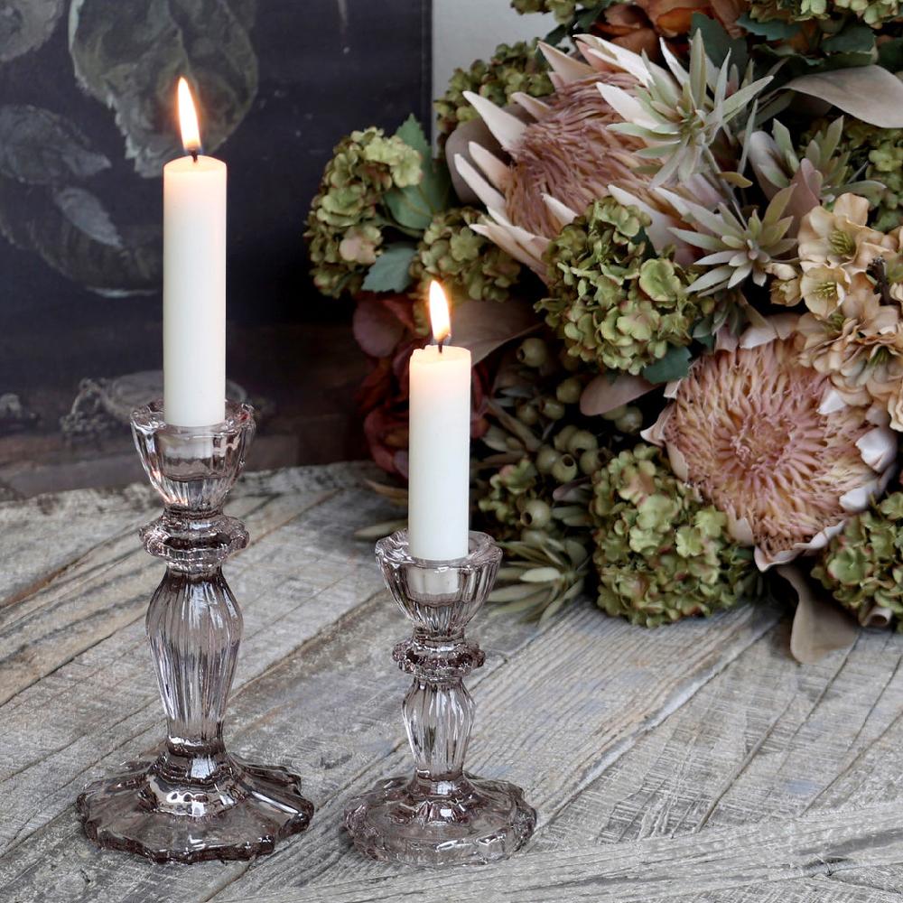 greige Lace Edged Glass Candlestick - Taupe - Two Sizes
