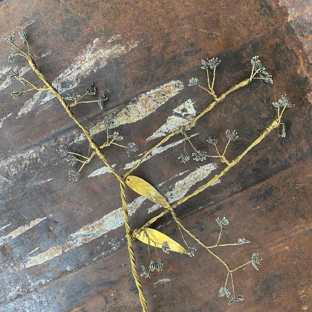 Greige Large Brass Branch With Little Beaded Flowers - Botanical Range - Walther & Co