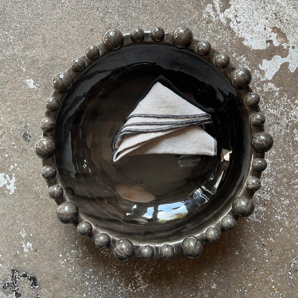 greige Large Charcoal Ceramic Bowl with Bobbles on Rim