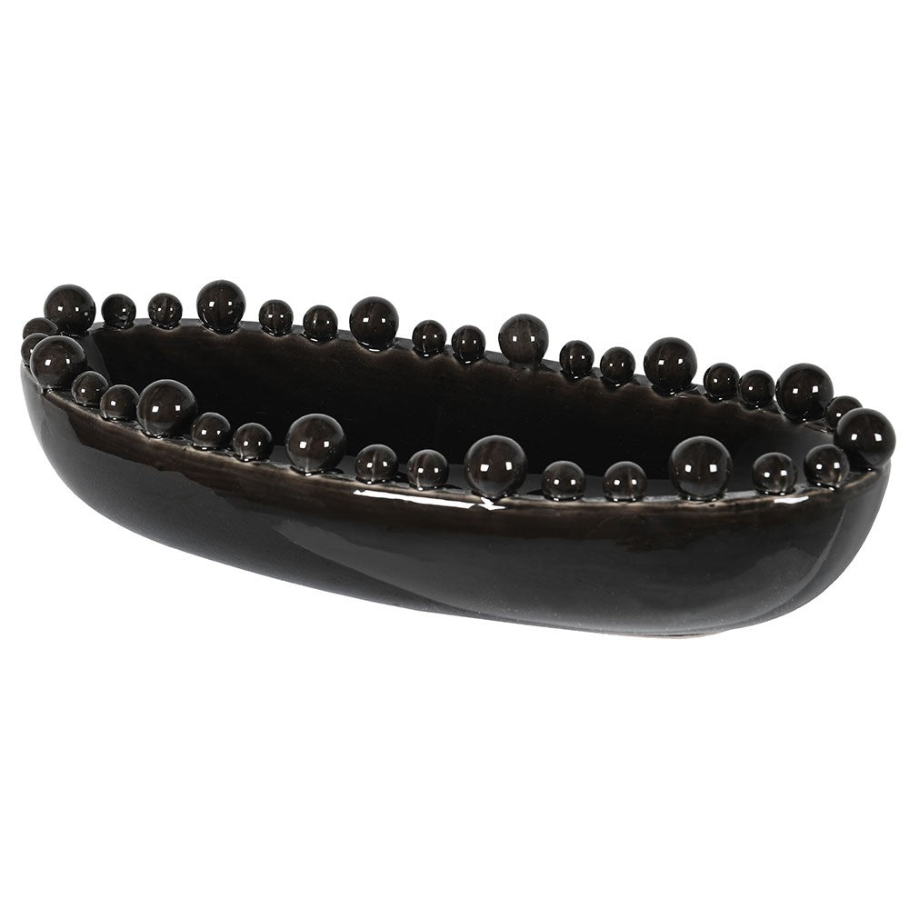 greige Large Charcoal Oval Ceramic Bowl with Bobbles on Rim