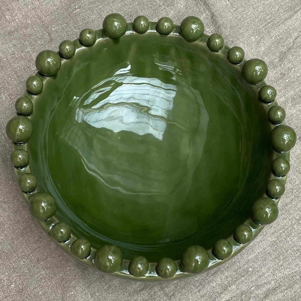 Greige Large Green Ceramic Bowl With Bobbles On Rim
