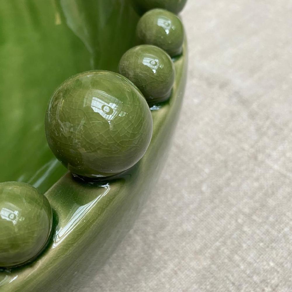 Greige Large Green Ceramic Bowl With Bobbles On Rim