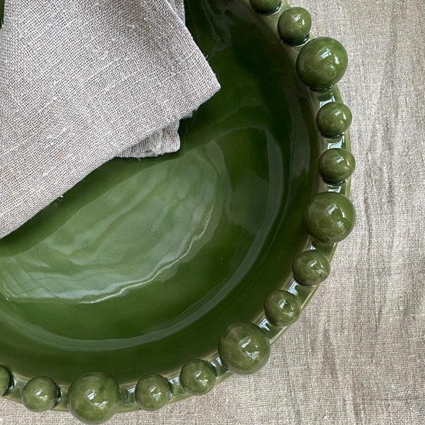 Greige Large Green Ceramic Bowl With Bobbles On Rim