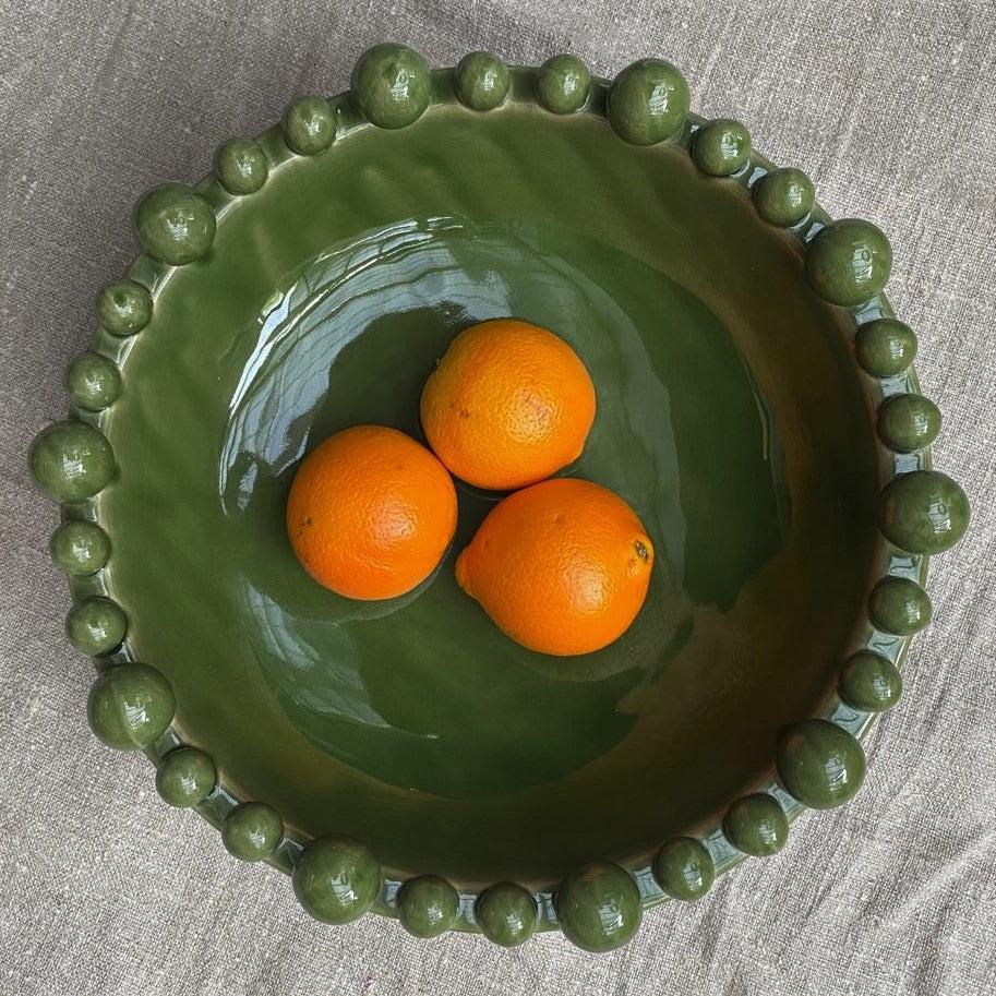 greige Large Green Ceramic Bowl with Bobbles on Rim