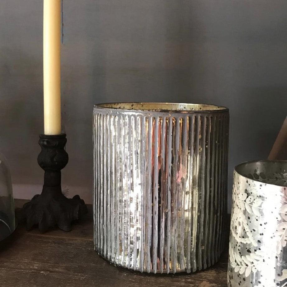 greige Large Ribbed Antique Silver Tealight Holder - Two Sizes