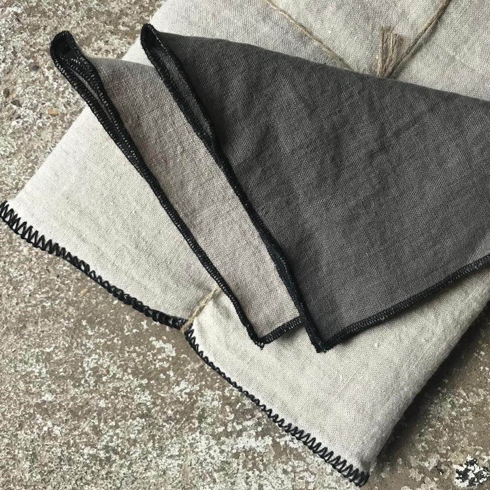 greige Linen Tablecloth with Black Overstitched Edge