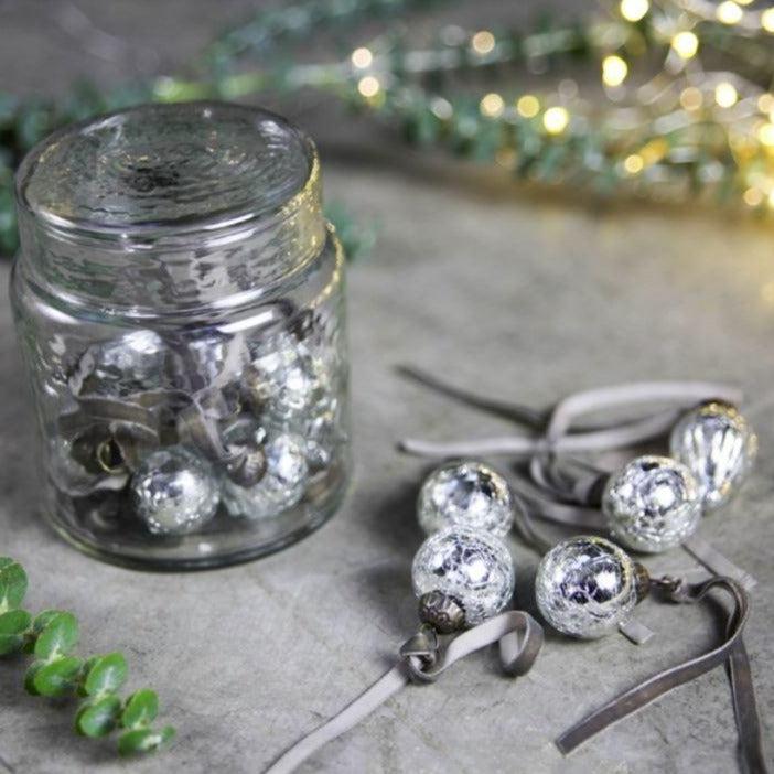 greige Little Glass Baubles in a Glass Jar - Antique Silver or Mixed Colours