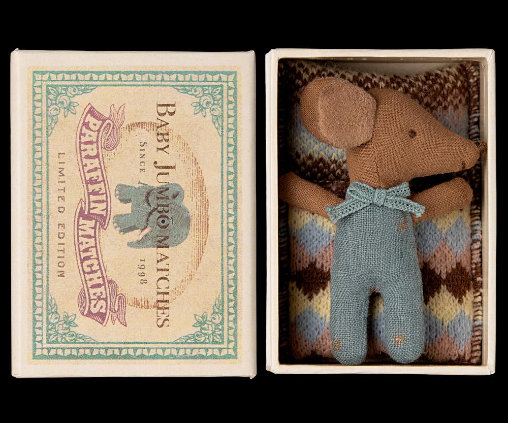 Greige Maileg Baby Boy Sleepy Wakey Mouse In A Matchbox