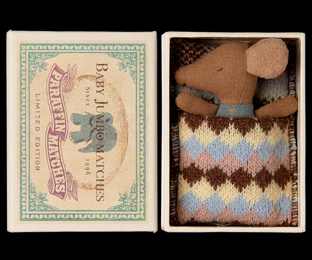 greige Maileg Baby Boy Sleepy Wakey Mouse in a Matchbox