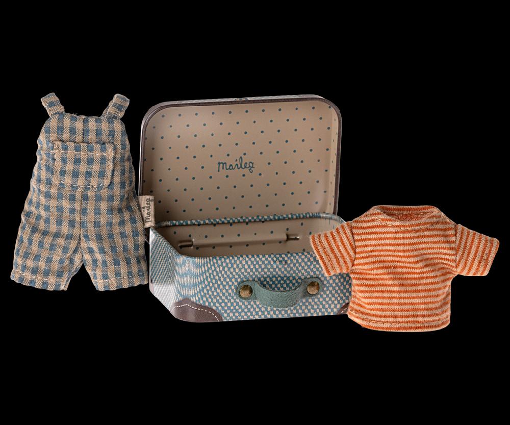 greige Maileg Overalls and Shirt in Suitcase for Big Brother Mouse