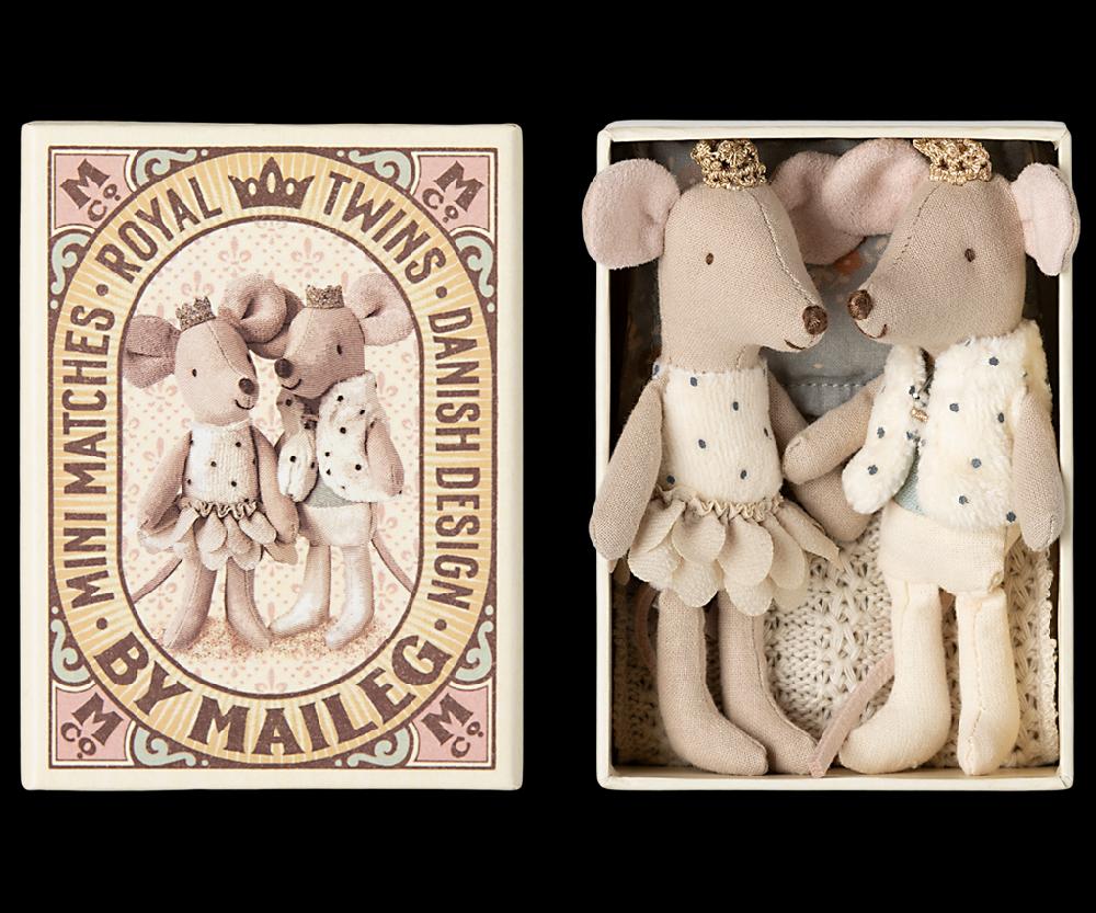 greige Maileg Royal Twins Mice Little Sister and Brother in Matchbox - B
