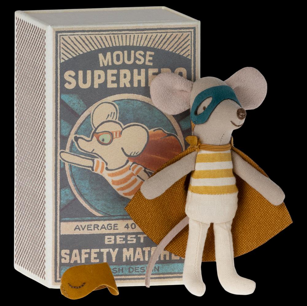 Greige Maileg Superhero Mouse - Little Brother In Matchbox
