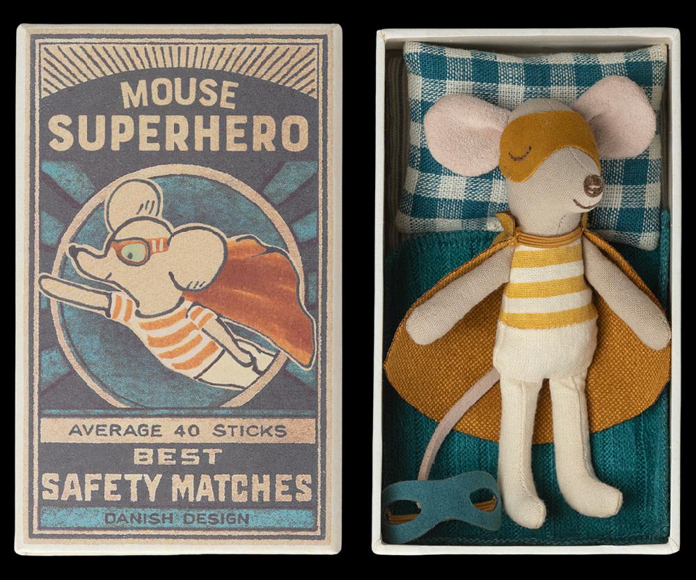 greige Maileg Superhero Mouse - Little Brother in Matchbox