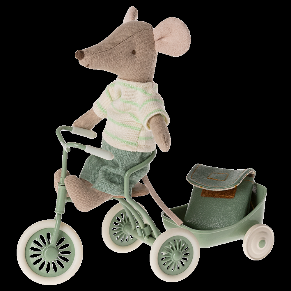 Greige Maileg Tricycle Mouse Big Brother With Bag B