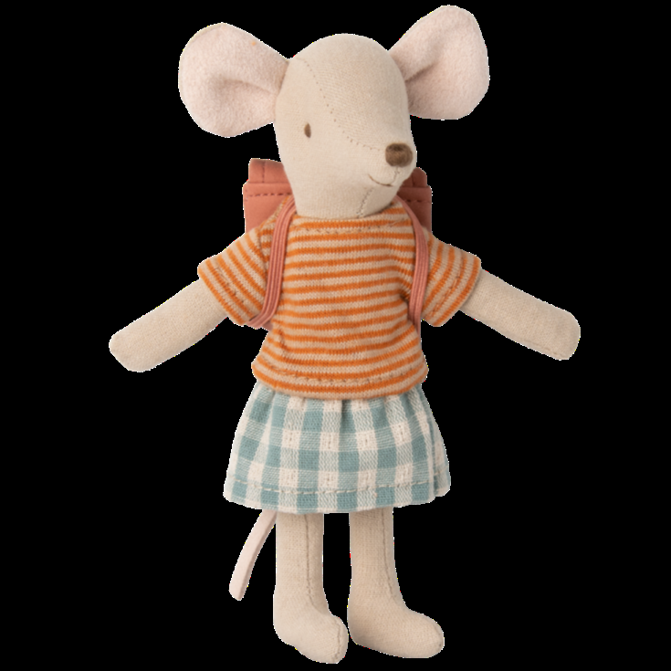 greige Maileg Tricycle Mouse Big Sister with Bag - Old Rose