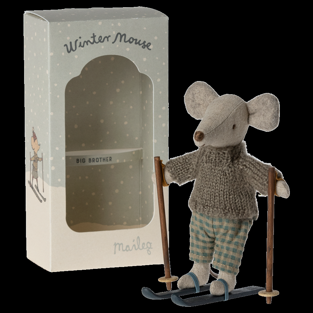 Greige Maileg Winter Mouse With Ski Set Big Brother