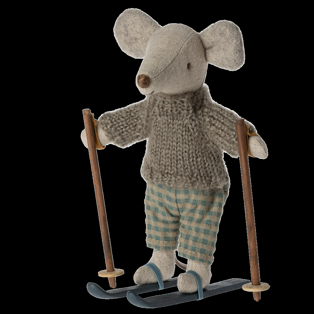 greige Maileg Winter Mouse with Ski Set Big Brother
