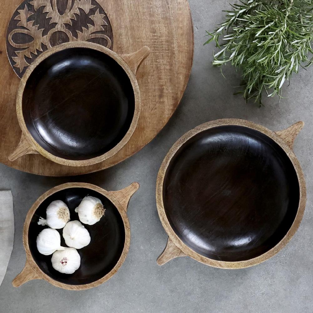 greige Mango Wood Bowl with Black Interior - Three Sizes