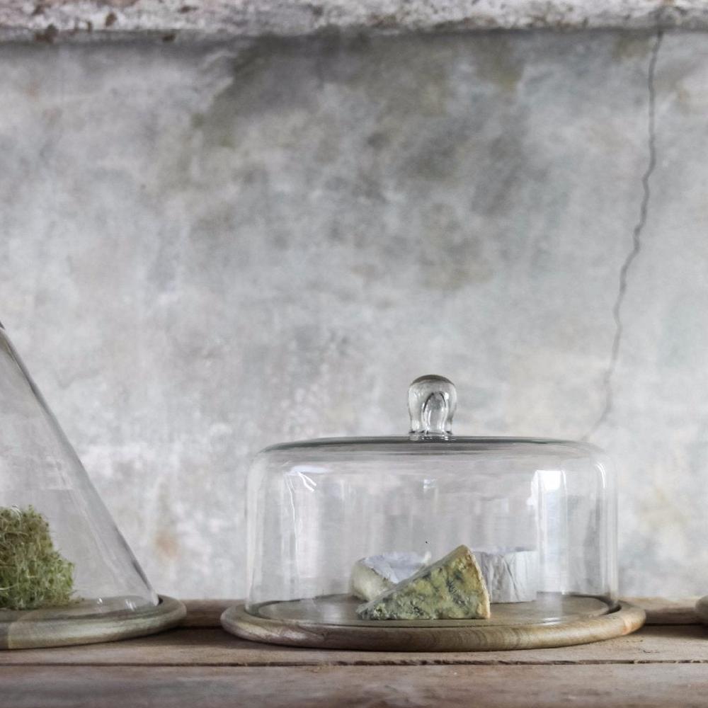 Greige Mango Wood Cake Plate With Flat Top Recycled Glass Dome