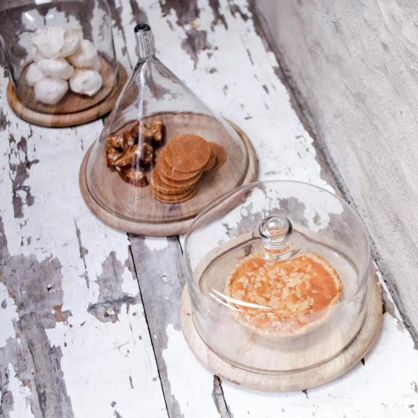 Greige Mango Wood Cake Plate With Flat Top Recycled Glass Dome