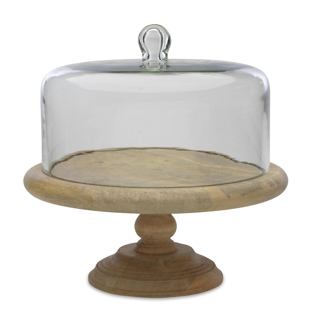 Greige Mango Wood Cake Stand With Recycled Glass Dome