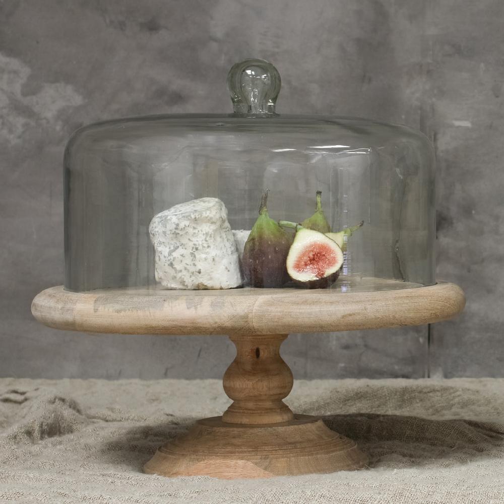 greige Mango Wood Cake Stand with Recycled Glass Dome