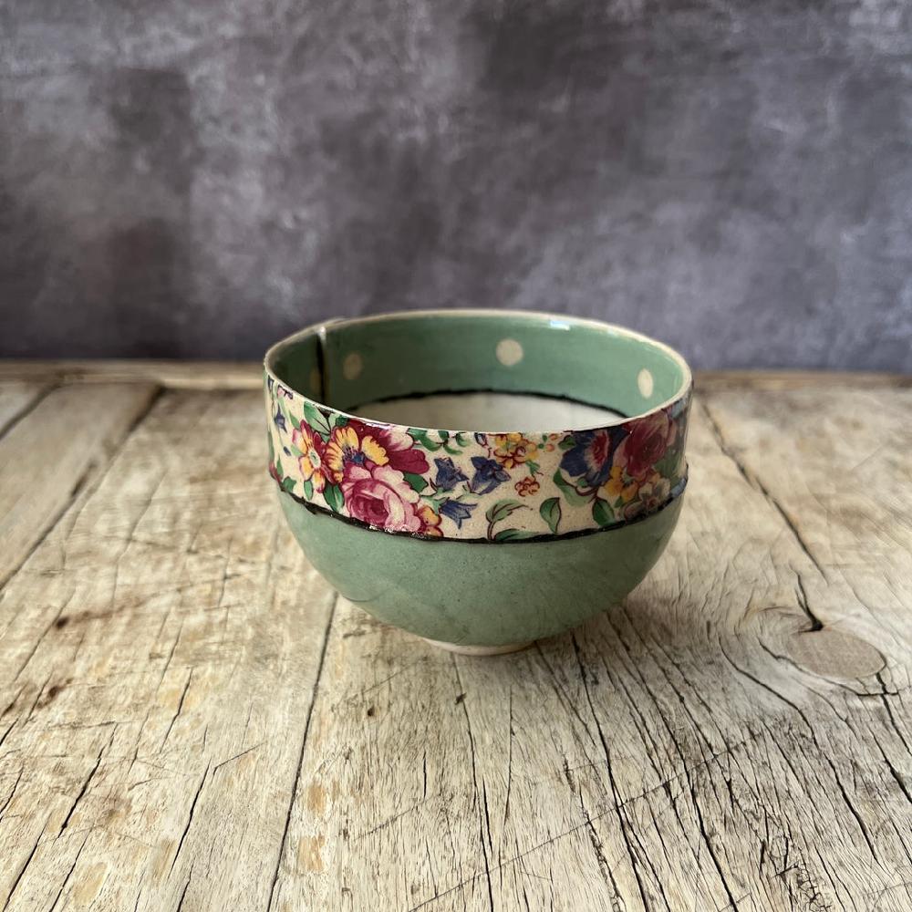 Greige Medium Handmade Ceramic Bowl By Virginia Graham - Floral With Spots
