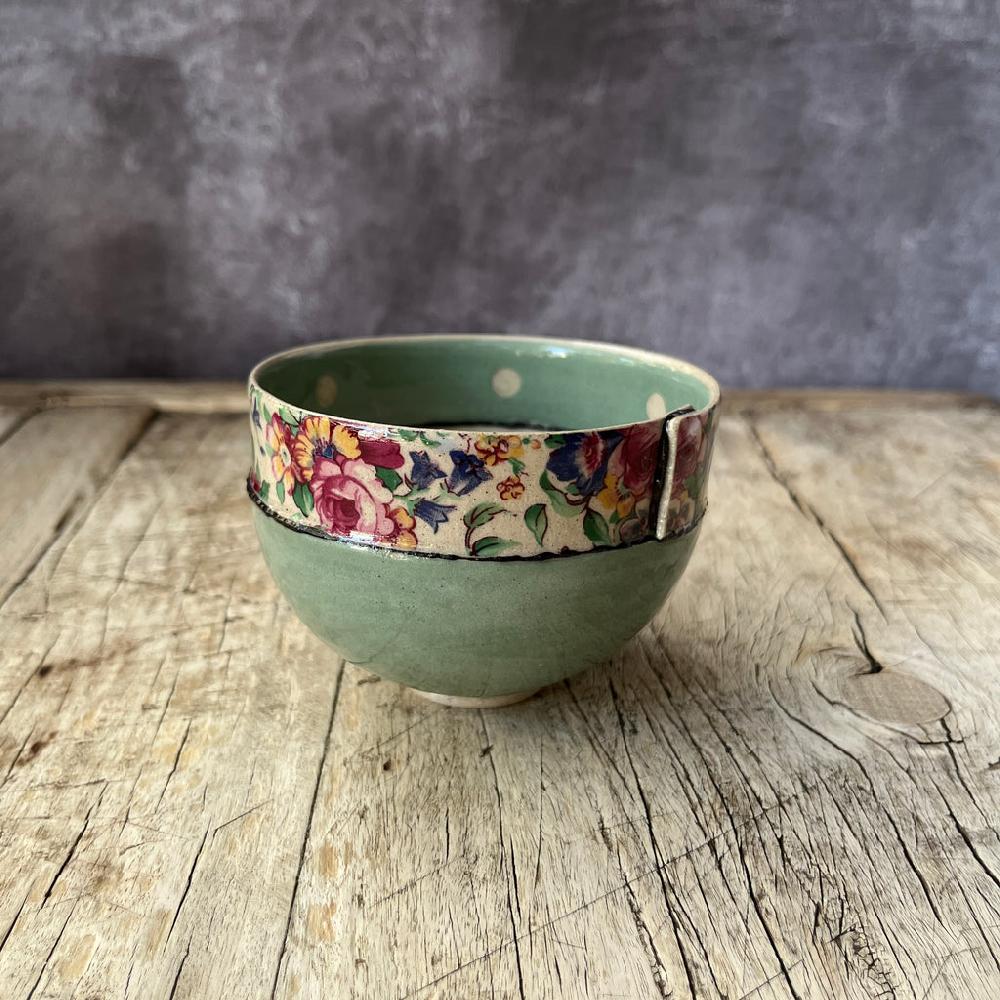 Greige Medium Handmade Ceramic Bowl By Virginia Graham - Floral With Spots