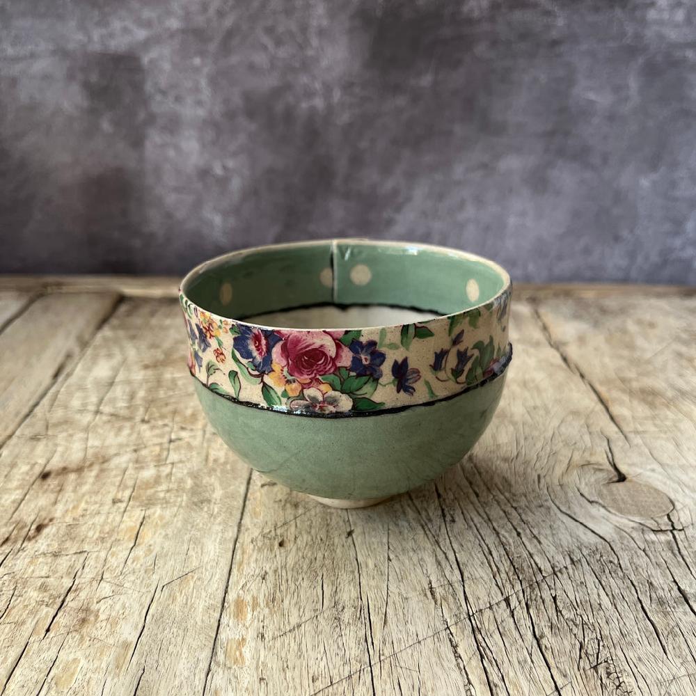 Greige Medium Handmade Ceramic Bowl By Virginia Graham - Floral With Spots