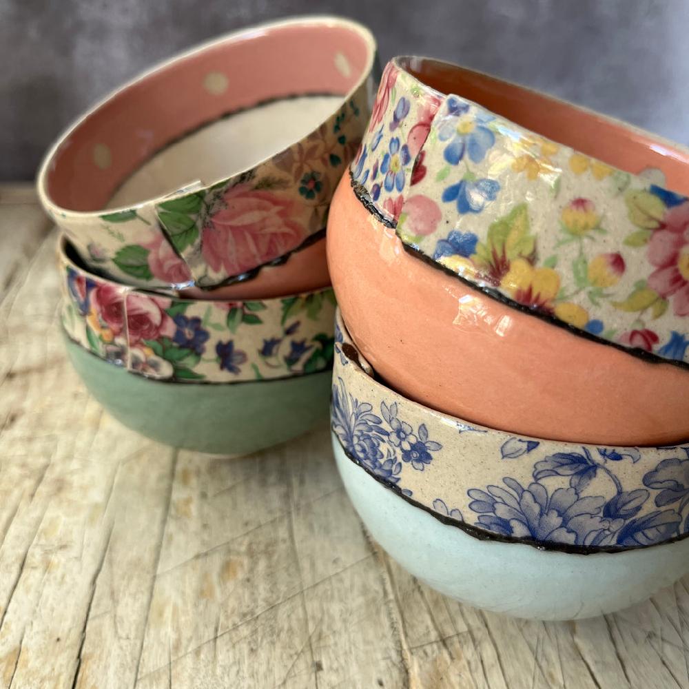 greige Medium Handmade Ceramic Bowl by Virginia Graham - Floral with Spots