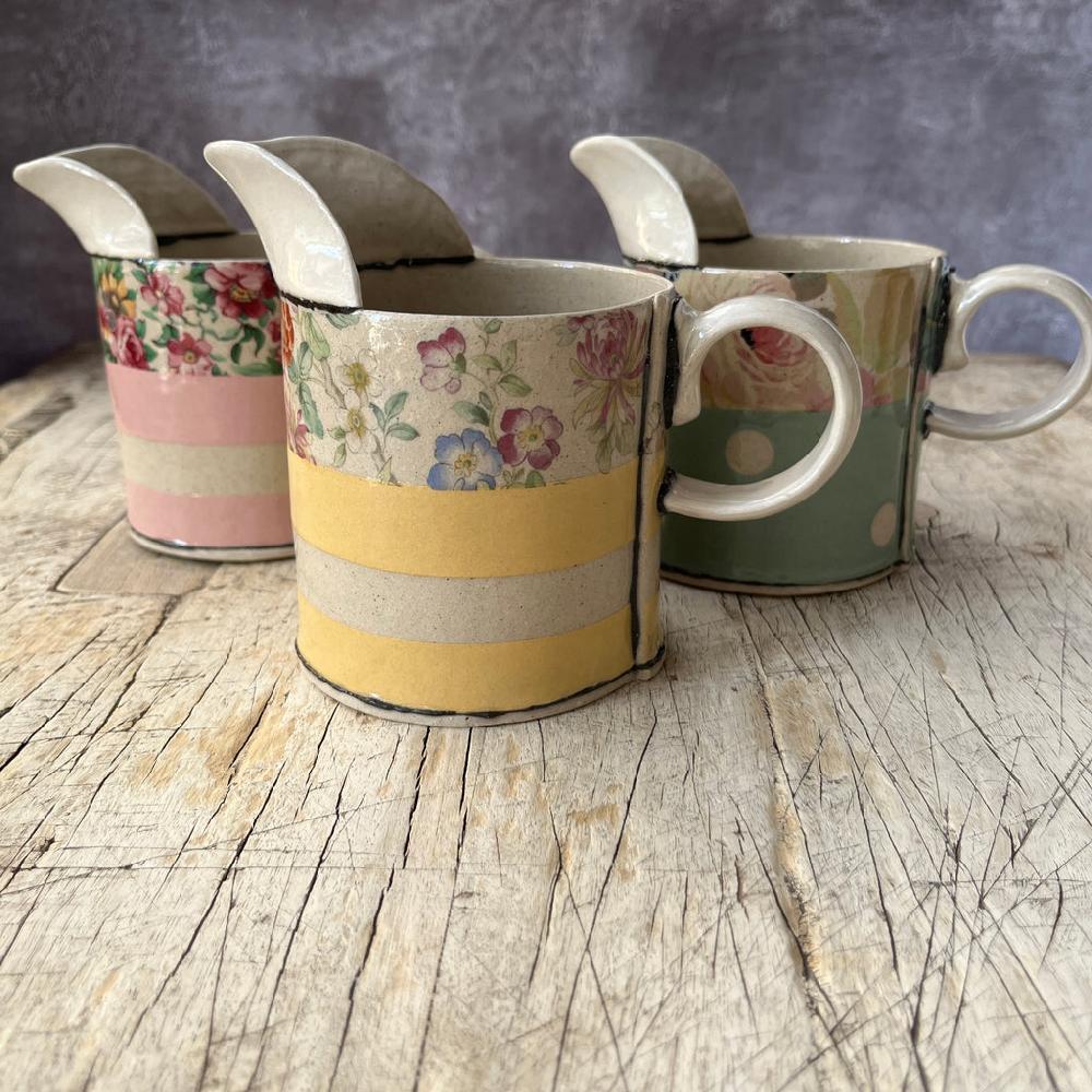 greige Medium Handmade Ceramic Jug by Virginia Graham - Floral with Stripes or Spots