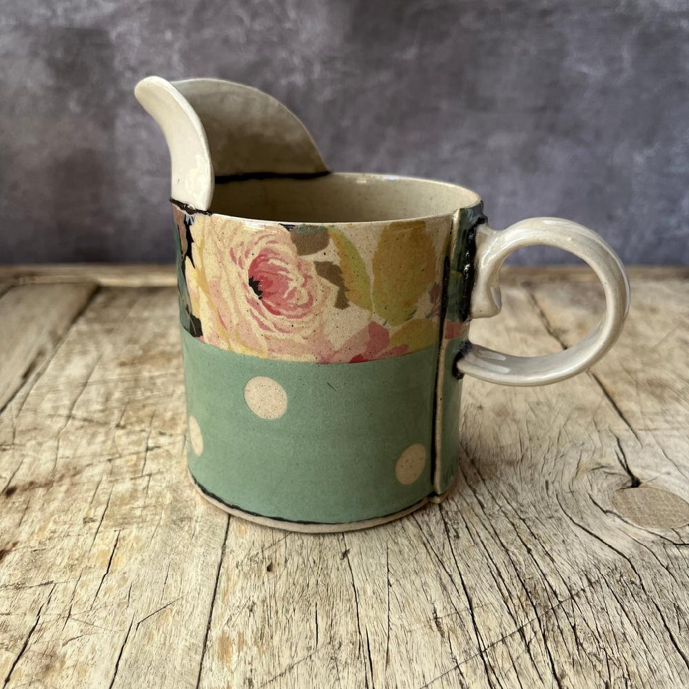 Greige Medium Handmade Ceramic Jug By Virginia Graham - Floral With Stripes Or Spots